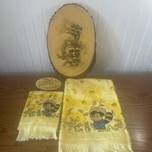 VTG MCM Raccoon Towels Terry Cloth Fringe By Franco Wood Raccoon Wall Hangings